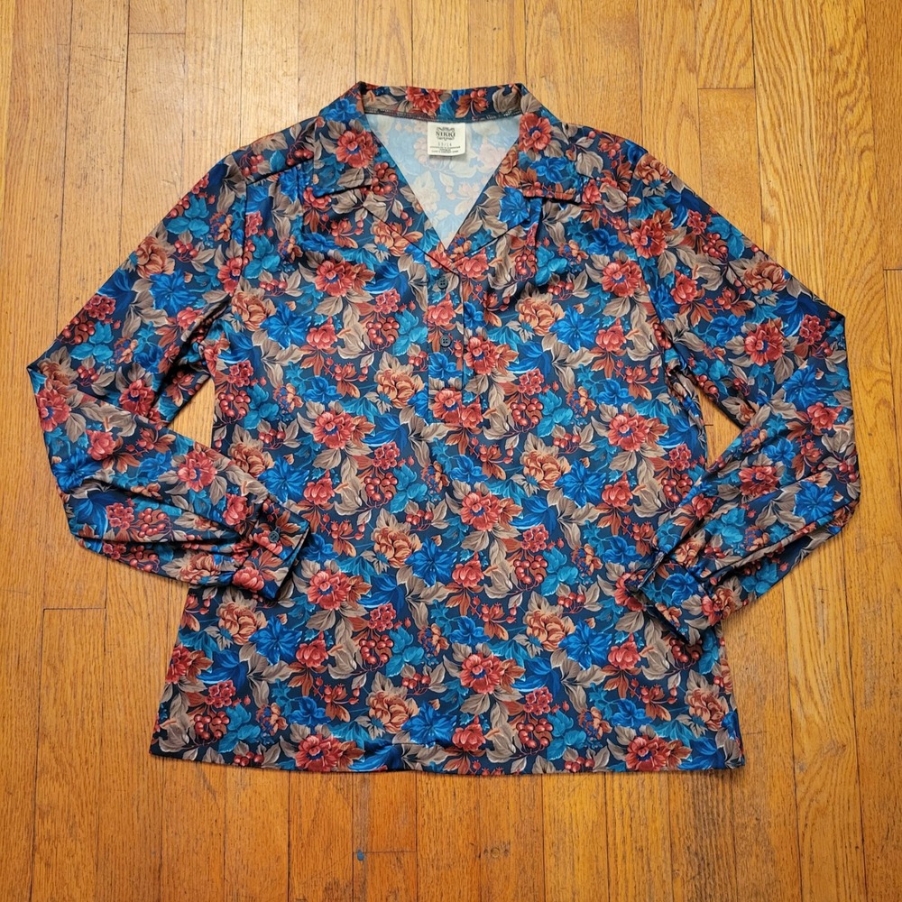 Nikki 13/14 Floral Top Blue Red Vintage Long Sleeve Cottage Secretary Prairie